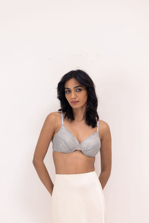 Grey Padded and Underwired Bra with Full-coverage 